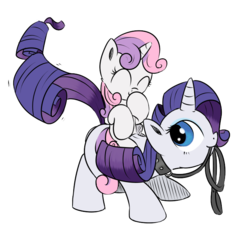 Size: 700x665 | Tagged: safe, artist:rainbow-dosh, artist:xioade, rarity, sweetie belle, g4, bridle, collar, cute, diasweetes, female, leash, pet, pet play, ponies riding ponies, raribetes, raridog, riding, sisters, sweetie belle riding rarity, tack