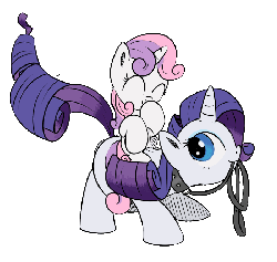 Size: 700x665 | Tagged: safe, artist:rainbow-dosh, artist:xioade, rarity, sweetie belle, pony, unicorn, g4, animated, behaving like a dog, collar, cute, diasweetes, eyes closed, female, filly, leash, looking back, mare, mouth hold, pet, pet play, ponies riding ponies, raribetes, raridog, riding, simple background, sisters, smiling, sweetie belle riding rarity, tail wag, transparent background