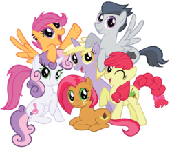 Size: 2456x2147 | Tagged: safe, artist:schwarzekatze4, apple bloom, babs seed, dinky hooves, rumble, scootaloo, sweetie belle, g4, alternate cutie mark, alternate mane six, alternate universe, corporate photo, earring, harmony-verse, mane six opening poses, next six, older, simple background, transparent background, vector