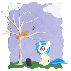 Size: 750x750 | Tagged: safe, artist:rizcifra, dj pon-3, vinyl scratch, bird, pony, unicorn, g4, bare tree, female, filly, music notes, sitting, solo, tree