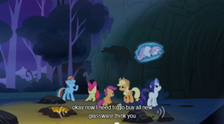 Size: 640x355 | Tagged: safe, screencap, apple bloom, applejack, rainbow dash, rarity, scootaloo, sweetie belle, g4, sleepless in ponyville, cutie mark crusaders, meme, youtube caption