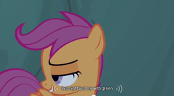 Size: 640x355 | Tagged: safe, screencap, scootaloo, g4, sleepless in ponyville, female, filly, foal, lidded eyes, looking back, meme, smugaloo, solo, youtube caption