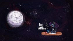 Size: 1920x1080 | Tagged: safe, artist:herny, princess luna, luna-afterdark, g4, cup, donut, food, headphones, microphone, moon, paper, radio, stars, wallpaper