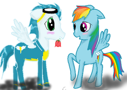 Size: 400x285 | Tagged: safe, artist:cherryblossom1029, rainbow dash, soarin', g4, blushing, female, flower, goggles, male, rose, ship:soarindash, shipping, straight, wonderbolts uniform