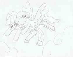 Size: 1007x794 | Tagged: safe, artist:klarisa2keswick, applejack, soarin', g4, female, flying, hug, male, monochrome, ship:soarinjack, shipping, sketch, straight, traditional art