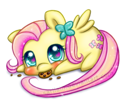 Size: 300x250 | Tagged: safe, artist:sarilain, fluttershy, butterfly, pegasus, pony, g4, blushing, chibi, cookie, cute, daaaaaaaaaaaw, eating, female, food, heart eyes, looking at you, lying down, nom, open mouth, prone, shyabetes, simple background, smiling, solo, transparent background, watermark, weapons-grade cute, white background, wingding eyes