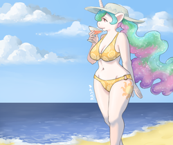 Size: 1280x1074 | Tagged: safe, artist:the-rasp-b, princess celestia, alicorn, anthro, g4, beach, belly button, bikini, cleavage, clothes, cloud, cloudy, cocktail, curvy, drink, female, hat, legs together, ocean, solo, swimsuit, wide hips, wingless, wingless anthro