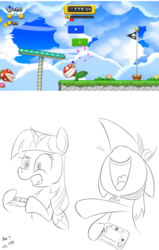 Size: 1280x2010 | Tagged: safe, artist:chir-miru, twilight sparkle, oc, alicorn, pony, g4, explicit source, fail, laughing, new super mario bros. u, nintendo, piranha plant, platformer, sketch, super mario bros., toad (mario bros), trolling, tumblr, twilight sparkle (alicorn), video game, wii u, wii u gamepad