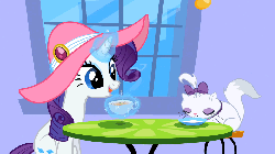Size: 960x540 | Tagged: safe, screencap, opalescence, rarity, cat, pony, unicorn, g4, sweet and elite, animated, bow, cafe, cats doing cat things, coffee, cup, drink, drinking, duo, female, hat, lapping, magic, mare, sipping, table, telekinesis, tongue out
