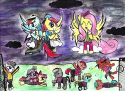 Size: 1024x745 | Tagged: safe, artist:sue9000, apple bloom, babs seed, diamond tiara, fluttershy, rainbow dash, scootaloo, silver spoon, snails, snips, sweetie belle, oc, oc:crimson azure, pony, g4, bipedal, clothes, cutie mark crusaders, football, hat, hoofball, ink stain, painting, rainblow dash, referee, traditional art, whistle