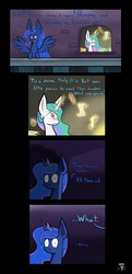 Size: 2760x5700 | Tagged: safe, artist:heir-of-rick, princess celestia, princess luna, g4, comic, glasses, glowing horn, horn, impossibly large ears, magic, quill, start of darkness, telekinesis