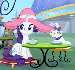 Size: 520x486 | Tagged: safe, screencap, opalescence, rarity, cat, pony, unicorn, g4, sweet and elite, animated, cafe, coffee, cropped, cup, duo focus, female, hat, loop, mare, table, thousand yard stare