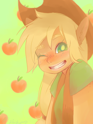 Size: 1200x1600 | Tagged: safe, artist:hickepop, applejack, human, g4, apple, eared humanization, female, humanized, smiling, solo, wink