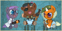 Size: 2000x1000 | Tagged: safe, artist:cuddlehooves, oc, oc only, oc:carat, oc:dreamsicle, oc:pembroke, pony, unicorn, baby, baby pony, bow (weapon), clothes, demoman, demoman (tf2), diaper, foal, glasses, gun, hat, medic, medic (tf2), sniper, sniper (tf2), team fortress 2