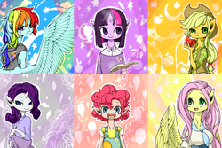 Size: 6000x4000 | Tagged: safe, artist:mago, applejack, fluttershy, pinkie pie, rainbow dash, rarity, twilight sparkle, human, anthro, g4, eared humanization, human facial structure, humanized, mane six, overalls, pixiv, pony coloring, winged humanization