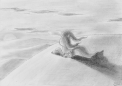 Size: 2592x1836 | Tagged: safe, artist:abyssalemissary, fluttershy, g4, female, monochrome, solo, sunset, traditional art, wingless