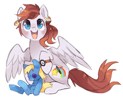 Size: 1280x1065 | Tagged: safe, artist:suikuzu, oc, oc only, pegasus, pony, earring, female, happy, mare, piercing, plushie, solo, watch