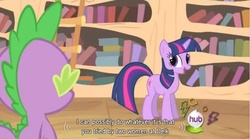 Size: 800x444 | Tagged: safe, screencap, spike, twilight sparkle, g4, book, golden oaks library, hub logo, hubble, library, meme, the hub, youtube caption