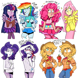 Size: 1200x1200 | Tagged: safe, artist:cam070, applejack, fluttershy, pinkie pie, rainbow dash, rarity, twilight sparkle, human, g4, apple, book, clothes, confetti, crying, ear piercing, earring, female, food, horn, horned humanization, humanized, jewelry, mane six, nail polish, party horn, piercing, pony coloring, scissors, simple background, skirt, sweater, sweatershy, twilight sparkle (alicorn), white background, winged humanization