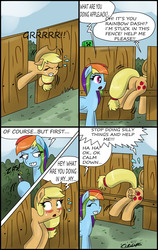 Size: 1920x3031 | Tagged: safe, artist:ciriliko, applejack, rainbow dash, earth pony, pegasus, pony, g4, applebutt, blushing, body writing, butt, buttface, buttstuck, comic, creeper, drawing, fence, minecraft, plot, prank, silly, silly pony, stuck, the ass was fat, who's a silly pony, zas