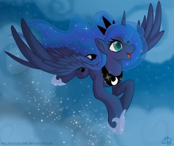 Size: 1300x1088 | Tagged: safe, artist:falleninthedark, princess luna, alicorn, pony, g4, cloud, ethereal mane, female, flying, mare, open mouth, sky, solo, starry mane, wings