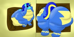 Size: 1280x640 | Tagged: safe, artist:watertimdragon, oc, oc only, oc:jester bells, pony, unicorn, butt, fat, impossibly large butt, latex, morbidly obese, obese, plot, solo, stuck, wonderbolts uniform