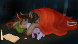 Size: 1024x585 | Tagged: safe, artist:holka13, king sombra, princess luna, pony, unicorn, g4, book, candle, female, implied lumbra, male, plushie, ship:lumbra, shipping, sleeping, solo, straight