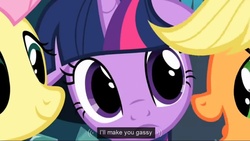 Size: 1023x576 | Tagged: safe, edit, edited screencap, screencap, applejack, clover the clever, fluttershy, private pansy, smart cookie, twilight sparkle, g4, hearth's warming eve (episode), eyes, gas, hearth's warming eve, implied farting, youtube caption