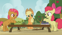 Size: 1280x720 | Tagged: safe, screencap, apple bloom, applejack, babs seed, apple family reunion, g4, animation error, carpentry, tree