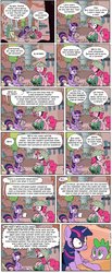 Size: 700x1703 | Tagged: safe, artist:foudubulbe, pinkie pie, spike, twilight sparkle, dragon, earth pony, pony, unicorn, feeling pinkie keen, g4, bloodshot eyes, breaking the fourth wall, comic, crazy face, dialogue, english, existential crisis, existentialism, experiment, faic, female, fourth wall, frightened, helmet, hoof hold, humor, insanity, laboratory, machine, male, mare, messy hair, mind blown, philosophy, pillow, pinkie being pinkie, research, scared, shocked, sitting, speech bubble, standing, test, text, thousand yard stare, wide eyes, wires