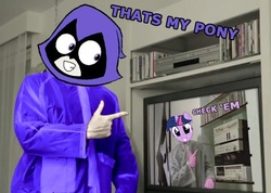 Size: 487x346 | Tagged: safe, twilight sparkle, american psycho, check em, christian bale, get, huey lewis and the news, image macro, index get, meme, palindrome get, parody of a parody, patrick bateman, raven (teen titans), repdigit milestone, teen titans go, that's my pony, that's my x, voice actor joke, weird al yankovic