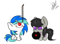 Size: 2563x1861 | Tagged: safe, artist:vet2b, dj pon-3, octavia melody, vinyl scratch, g4, bow (instrument), chibi, cute, filly, mouth hold, record, tongue out, younger