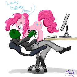 Size: 659x659 | Tagged: safe, artist:frist44, pinkie pie, oc, oc:anon, human, g4, chair, computer, cute, duo, fluffy, lazy, monitor, shaking