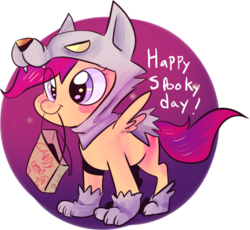 Size: 1222x1126 | Tagged: safe, artist:spanish-scoot, scootaloo, pegasus, pony, tumblr:preguntascootaloo, g4, animal costume, bag, clothes, costume, female, halloween, mouth hold, nightmare night, scootawolf, solo, wolf costume