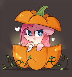 Size: 850x900 | Tagged: safe, artist:php56, pinkie pie, earth pony, pony, g4, chibi, cute, cuteamena, female, heart, knife, pinkamena diane pie, ponies in food, pumpkin, solo, tongue out