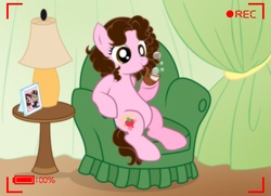 Size: 1236x894 | Tagged: safe, artist:shinta-girl, oc, oc only, oc:shinta pony, bubble, chair, lamp, picture, picture frame, sitting, soap bubble, solo