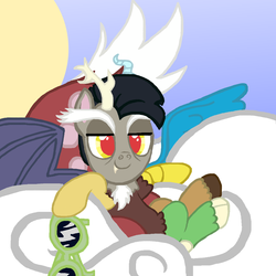 Size: 916x916 | Tagged: safe, artist:serhalu, discord, pony, g4, cloud, male, ponified, solo, species swap, sunglasses
