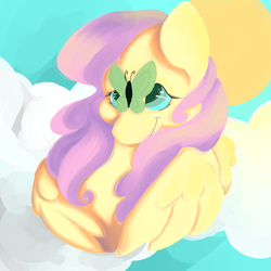 Size: 1280x1280 | Tagged: safe, artist:slimeprnicess, fluttershy, butterfly, g4, cloud, cloudy, drawthread, female, solo, sun