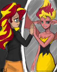 Size: 680x850 | Tagged: safe, artist:allosaurus, artist:johnjoseco, sunset shimmer, equestria girls, g4, crying, female, mirror, reflection, solo, sunset satan