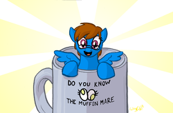 Size: 907x595 | Tagged: safe, artist:wingbeatpony, derpy hooves, oc, oc only, oc:sunnyside, pony, g4, cup, cup of pony, glasses, micro, mug, open mouth, smiling, solo, spread wings