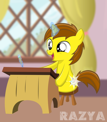 Size: 810x922 | Tagged: safe, artist:razya, oc, oc only, pony, unicorn, curtains, desk, glowing, glowing horn, horn, magic, open mouth, open smile, sitting, smiling, solo, telekinesis, vector, window