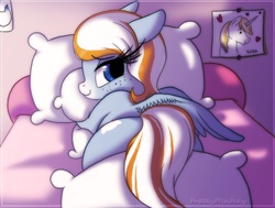 Size: 884x668 | Tagged: safe, artist:prettypinkpony, oc, oc only, oc:cozy cotton, pegasus, pony, bed, butt, cute, female, freckles, long eyelashes, looking back, mare, on bed, pillow, plot, prone, solo, strategically covered, wings