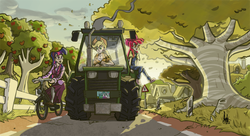 Size: 1200x651 | Tagged: safe, artist:theartrix, apple bloom, applejack, twilight sparkle, human, g4, bicycle, clothes, driving, fence, glasses, gossip, humanized, light skin, long skirt, overalls, riding, road, skirt, talking, tractor, tree, working