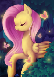 Size: 1000x1411 | Tagged: safe, artist:trefleix, fluttershy, butterfly, g4, eyes closed, female, forest, solo