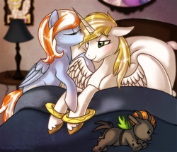 Size: 985x847 | Tagged: safe, artist:prettypinkpony, oc, oc only, oc:cozy cotton, oc:vesairus, alicorn, changeling, pony, alicorn oc, bangles, bed, blushing, changeling oc, duo, female, freckles, horn, kissing, lamp, male, plushie, straight, unshorn fetlocks, wings, wristband