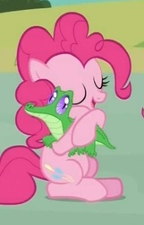 Size: 271x420 | Tagged: safe, screencap, gummy, pinkie pie, earth pony, pony, g4, cuddling, cute, diapinkes, eyes closed, hug, sitting, snuggling