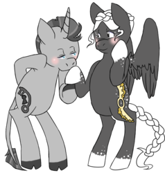 Size: 600x630 | Tagged: safe, artist:thewhimsicalgoat, oc, oc only, pegasus, pony, unicorn, bipedal, blushing, female, male, mare, stallion