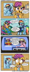 Size: 1000x2370 | Tagged: safe, artist:daniel-sg, rainbow dash, scootaloo, oc, unnamed oc, earth pony, pegasus, pony, g4, 867-5309, bad end, breaking news, clothes, comic, fangirl, female, filly, floppy ears, goggles, imagination, implied death, implied derpy, looking at you, mare, news report, older, restraining order, scootobsession, shrug, shrugpony, song reference, television, uniform, wat, wonderbolts uniform
