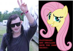 Size: 3974x2815 | Tagged: safe, fluttershy, human, g4, comparison, irl, irl human, meta, photo, skrillex, sunglasses, text