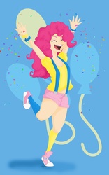 Size: 900x1442 | Tagged: safe, artist:thephantomsdiva, pinkie pie, human, g4, balloon, confetti, female, happy, humanized, light skin, solo, suspenders